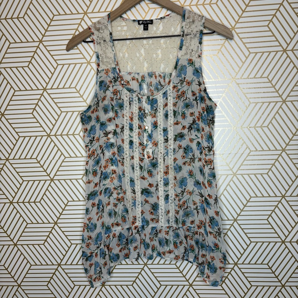 Y2K Floral Peplum Lace Back Trim Tank Top Blue Brown Whimsy Medium Boho Fairy